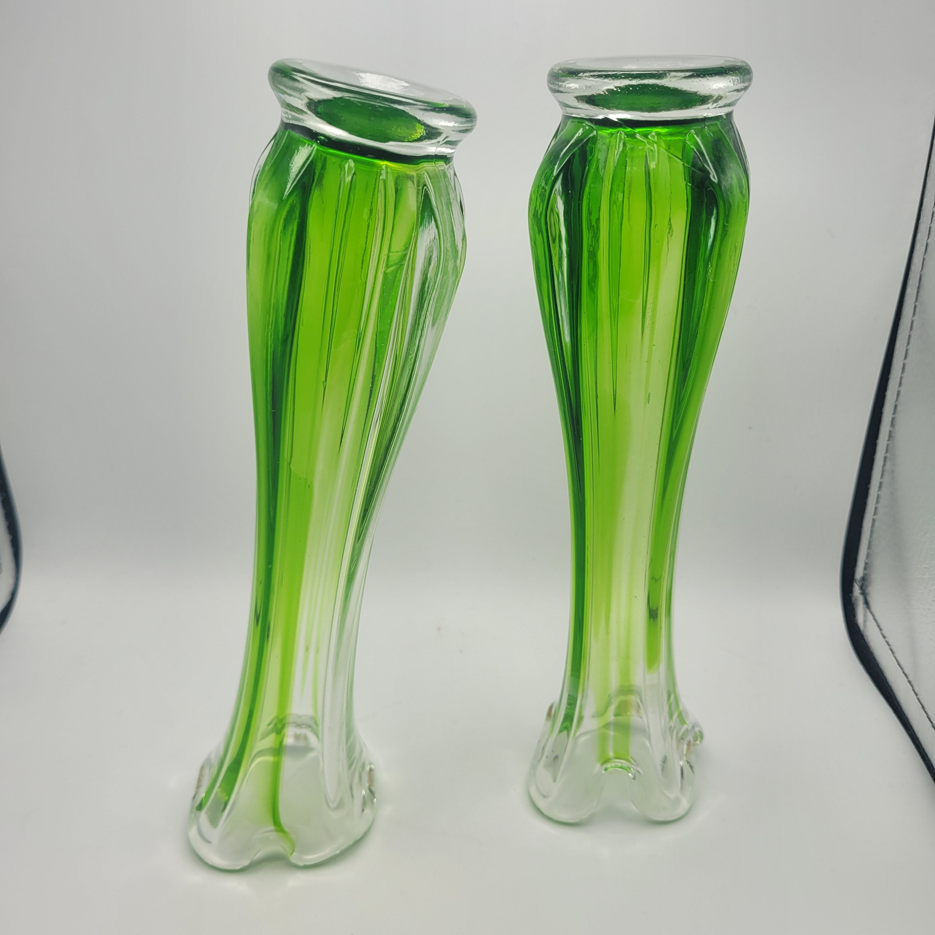 Pair of Vibrant Green Swung Vases. Likely American mid century Glassware - unmarked.