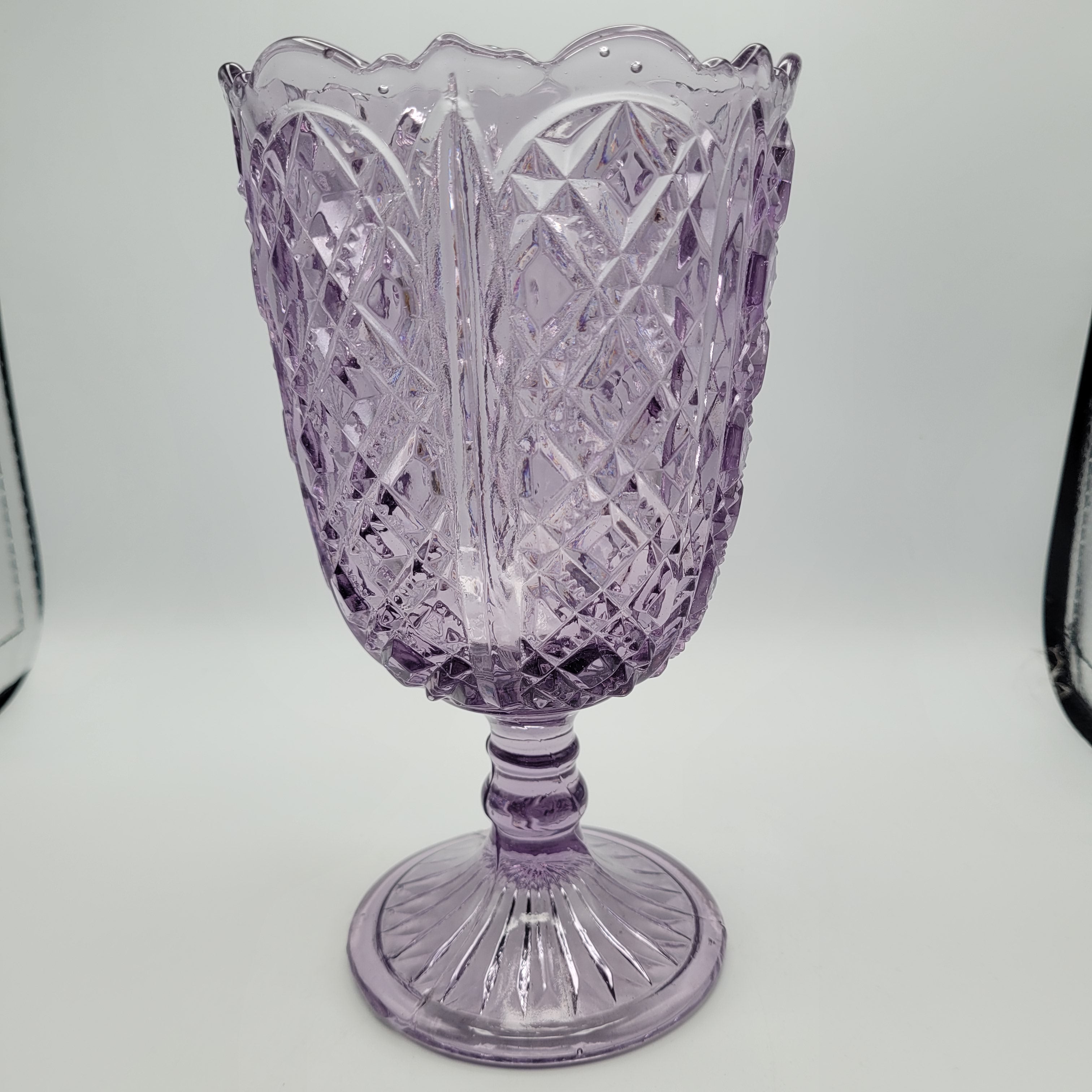 Amethyst Pressed Glass Pedestal Vase – 28cm Tall, Diamond & Fan Pattern, c.1930s–50s British
