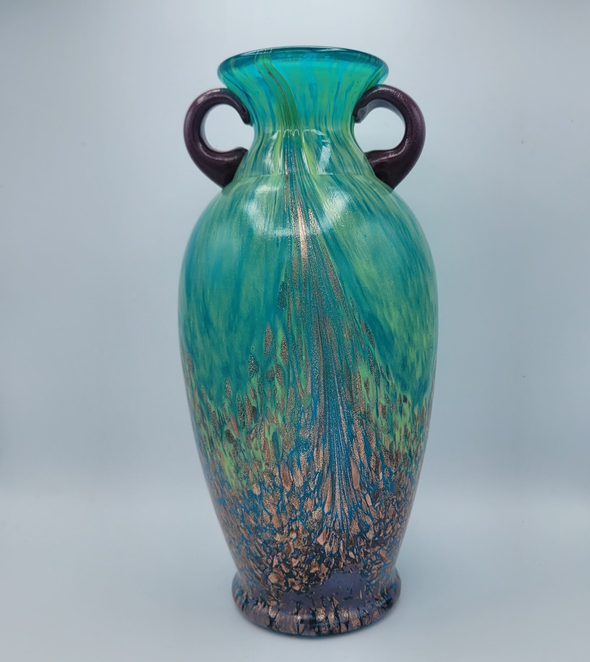 Dale Tiffany Favrile Art Glass Milano Amphora Teal-Blue Vase with Copper Aventurine Infusion