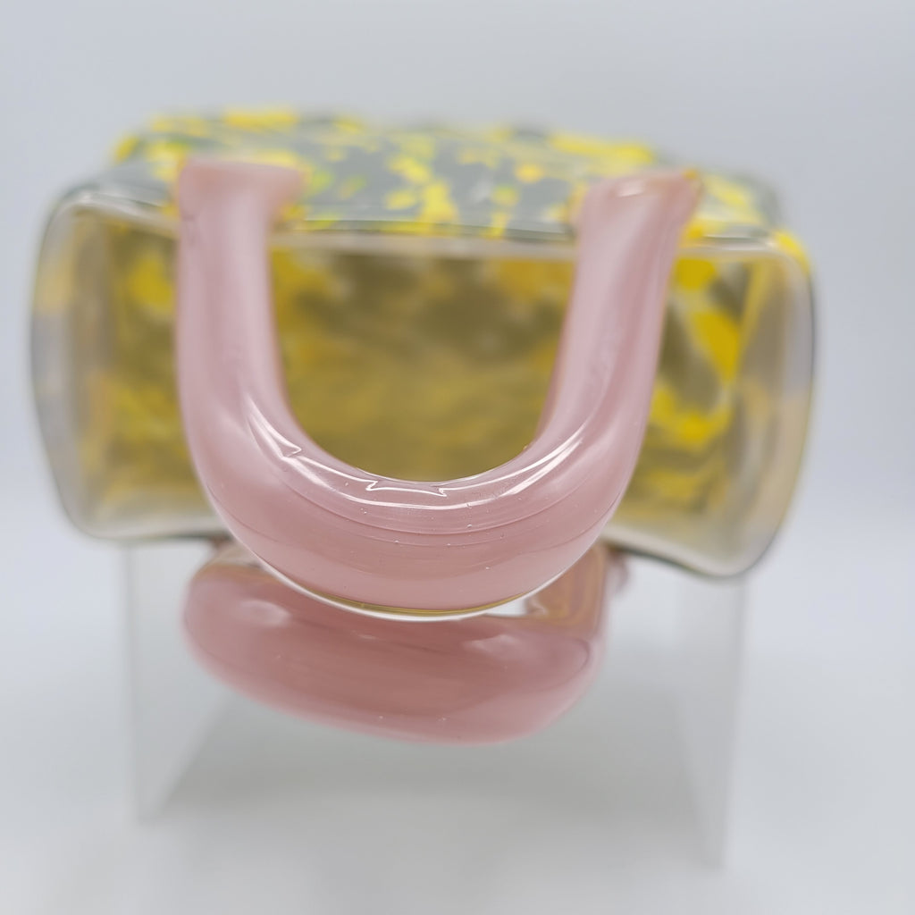 Murano Art Glass Handbag vase/Sculpture – Yellow & Grey with Pink Handles 👛